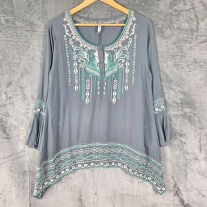 Womens Top Medium Blue Boho Chic Embroidered Hippie Peasant Festival‎ Tunic